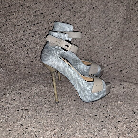 L.A.M.B. Gwen Stefani-Greige Leather Ankle Strap-Silver Nylon-Sz 6.5-Excellent - Picture 5 of 8